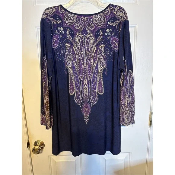 EFFORTLESS STYLE BY CITIKNITS QVC LONG SLEEVE V-NECK TUNIC PAISLEY NAVY 1X EUC - Picture 8 of 8